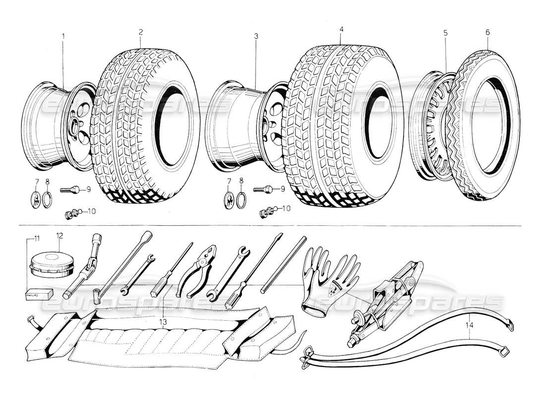 Lamborghini Countach 5000 QV (1985) Tool Kit, Tyre and Rims Part Diagram