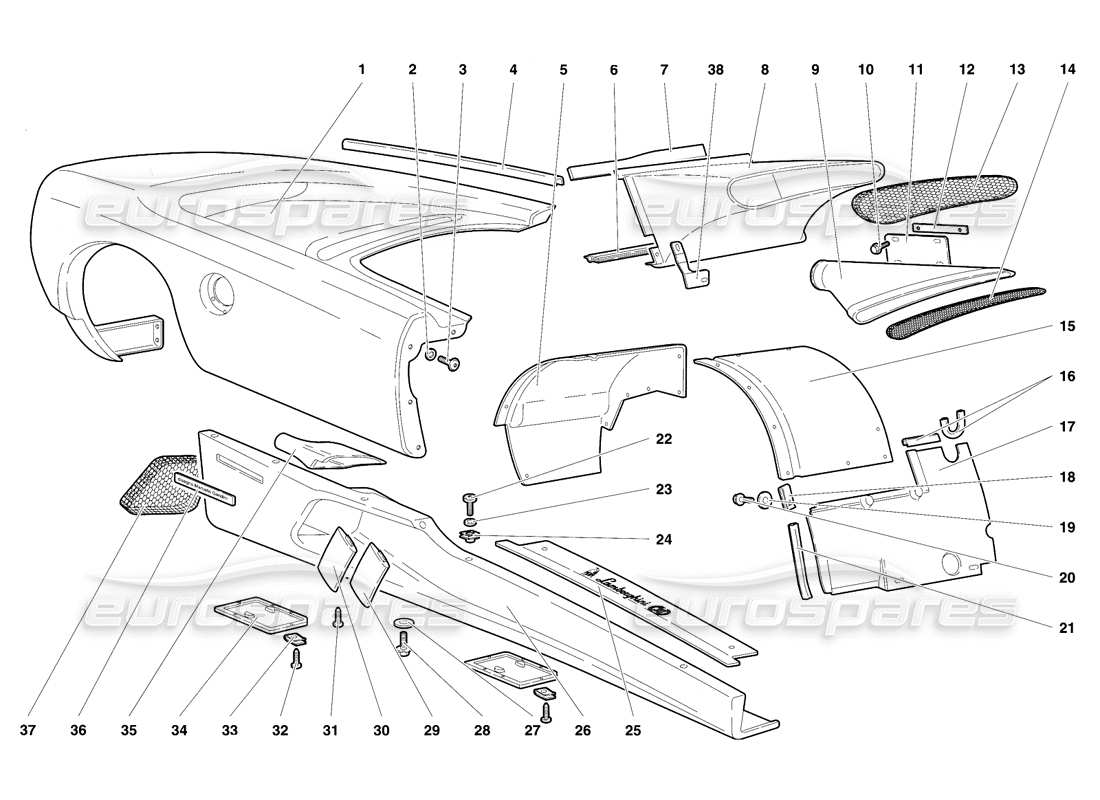 Lamborghini Diablo SE30 (1995) Body Elements - Right Flank Parts Diagram