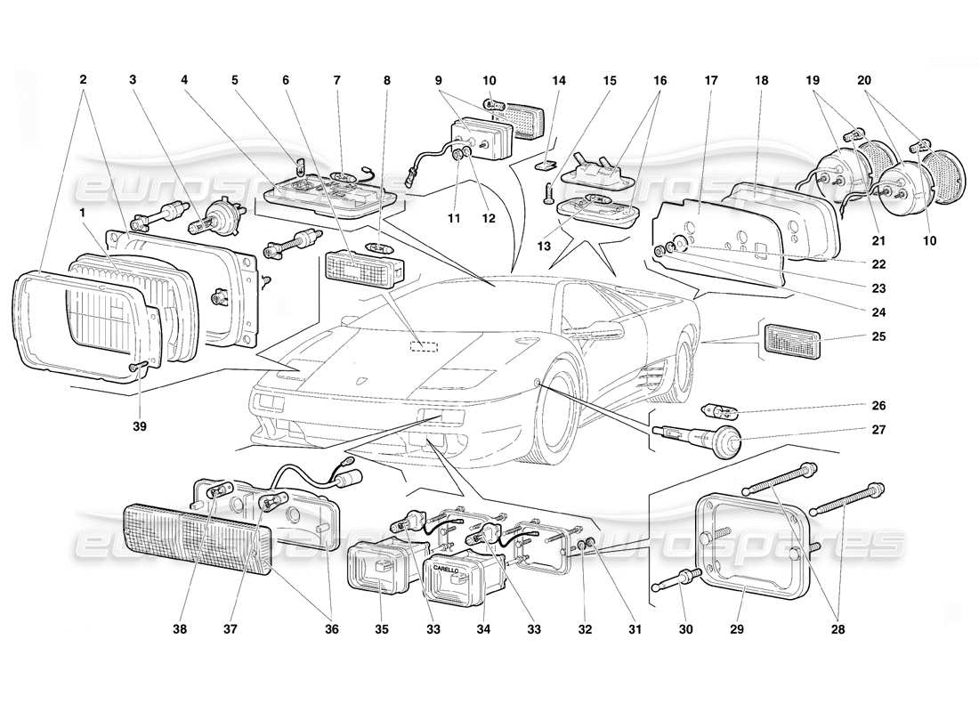 Lamborghini Diablo VT (1994) Lights Parts Diagram