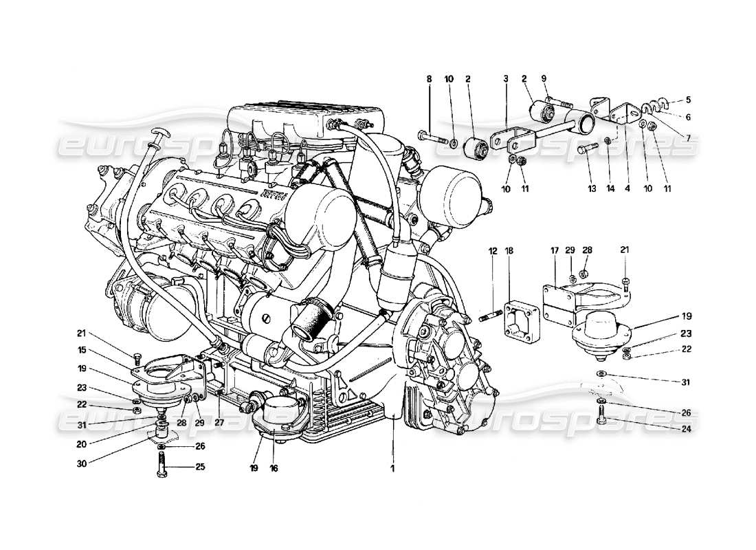 Ferrari 308 Quattrovalvole (1985) engine - gearbox and supports Parts Diagram