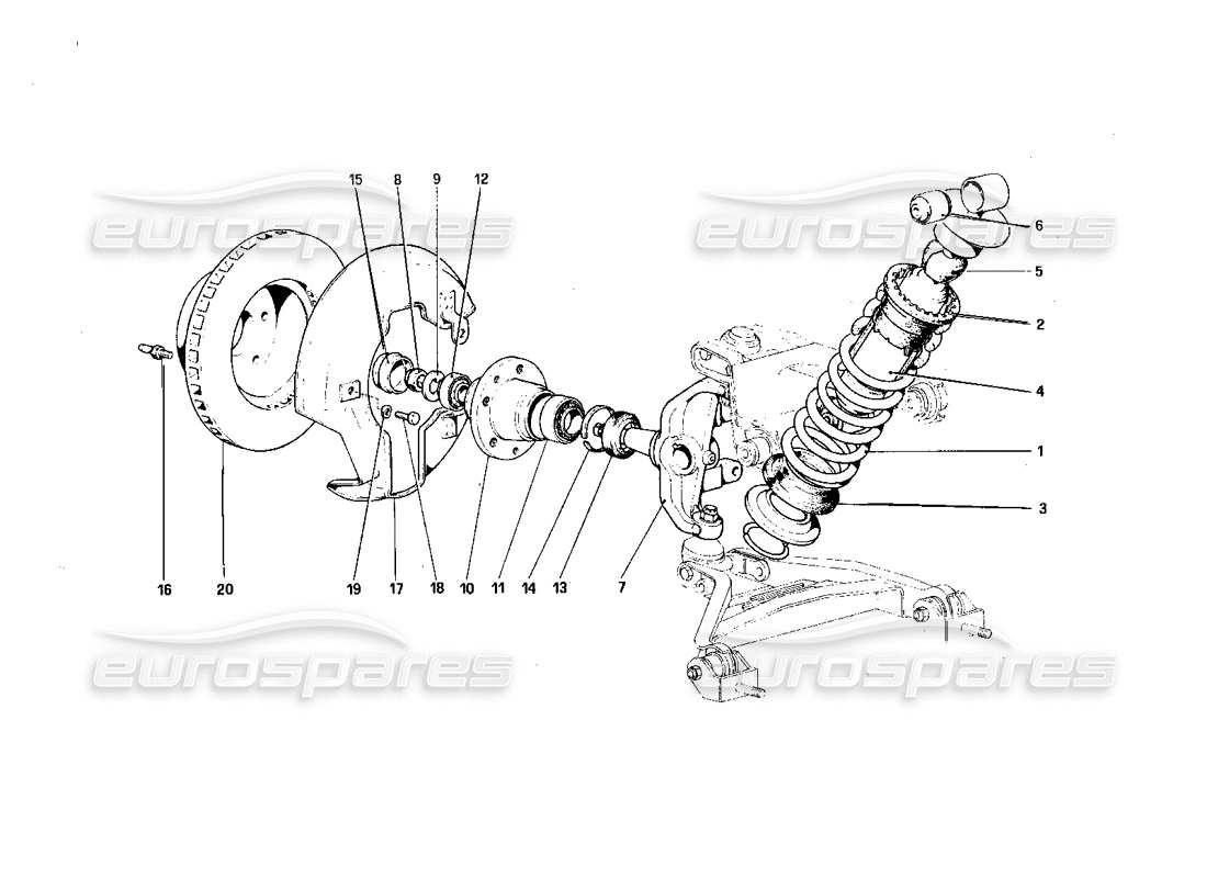 Ferrari 308 Quattrovalvole (1985) Front Suspension -Shock Absorber and Brake Disc Parts Diagram