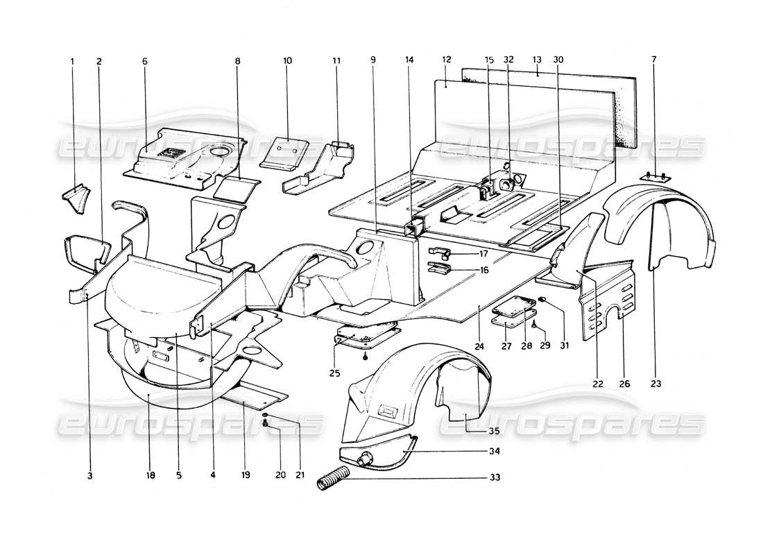 Ferrari 512 BB Body Shell - Inner Elements Parts Diagram
