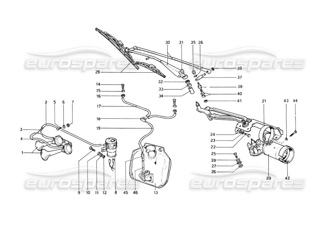 Ferrari 512 BB Windshield Wiper, Washer and Horns Parts Diagram
