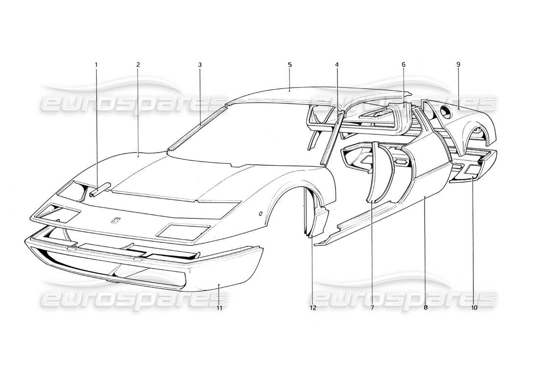 Ferrari 365 GT4 Berlinetta Boxer Body Shell - Outer Elements Parts Diagram