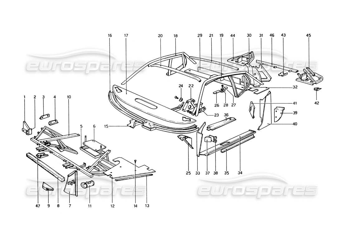 Ferrari 365 GT4 Berlinetta Boxer Body Shell - Inner Elements Parts Diagram