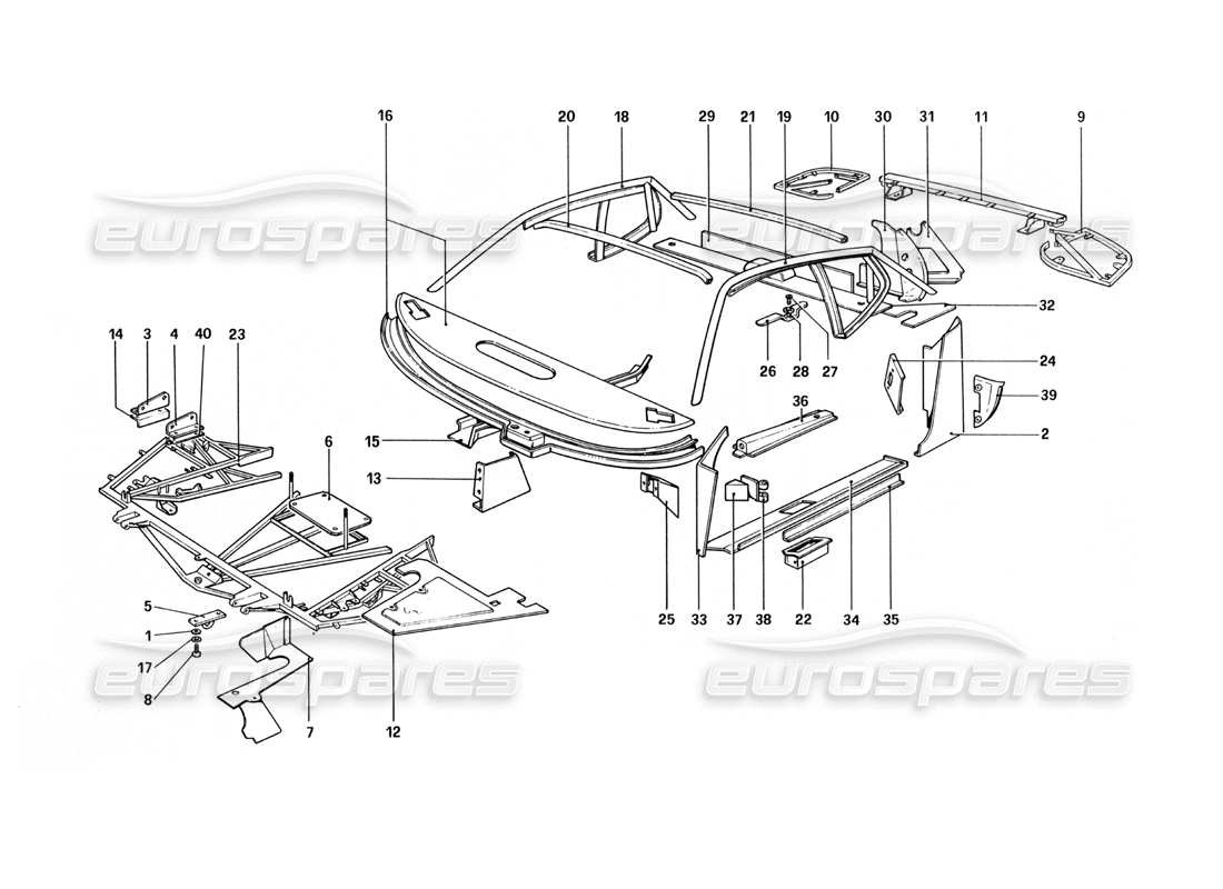Ferrari 512 BBi Body Shell - Inner Elements Parts Diagram