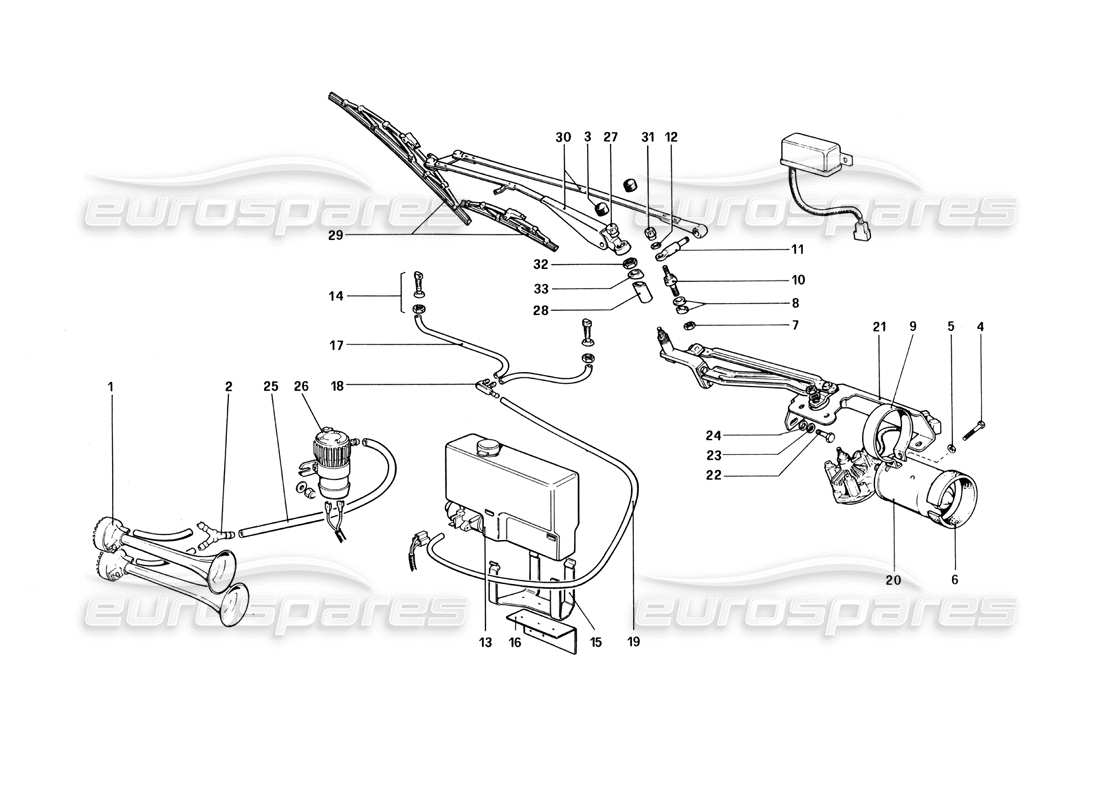 Ferrari 512 BBi Windshield Wiper, Washer and Horns Parts Diagram