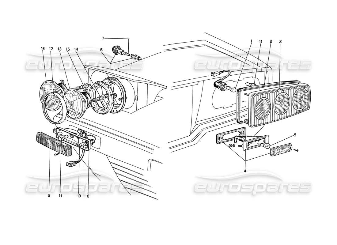 Ferrari 208 GT4 Dino (1975) Lights Parts Diagram