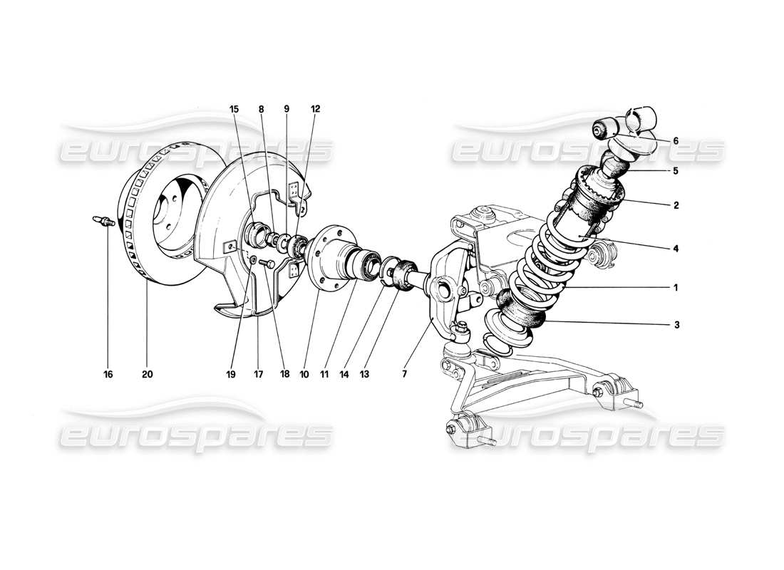 Ferrari 208 Turbo (1982) Front Suspension - Shock Absorber and Brake Disc Parts Diagram