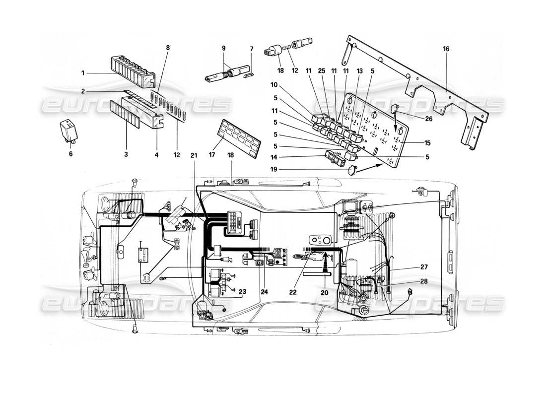 Ferrari 208 Turbo (1982) Electrical System - Cables, Fuses and Relays Parts Diagram