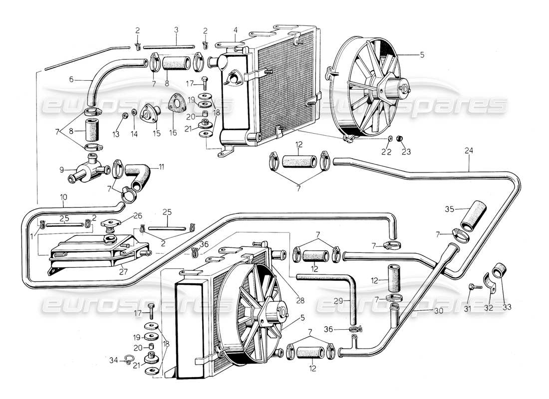 lamborghini countach 5000 s (1984) radiator and coolant system parts diagram
