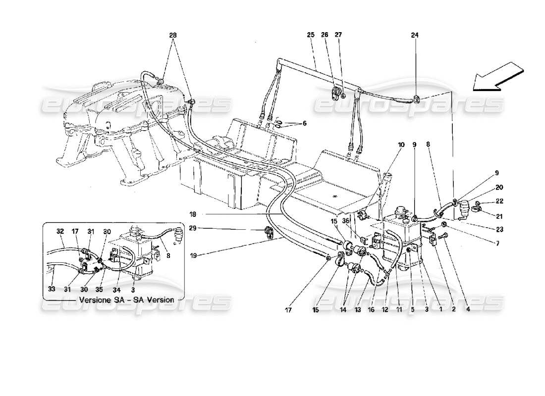 ferrari mondial 3.4 t coupe/cabrio antievaporation device - coupe and cabriolet - fors cars with catalyst and sa parts diagram