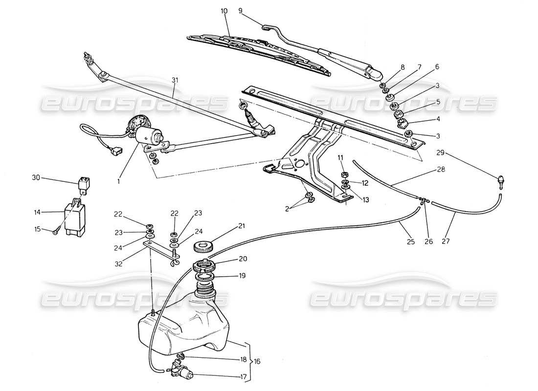 maserati biturbo spider windshield wiper - washer (lh steering) parts diagram