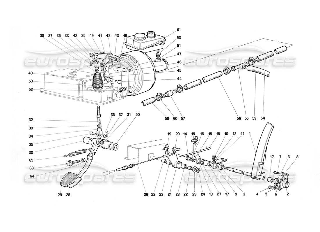 ferrari testarossa (1987) brake hydraulic system - accelerator control (variants for rhd versions) parts diagram