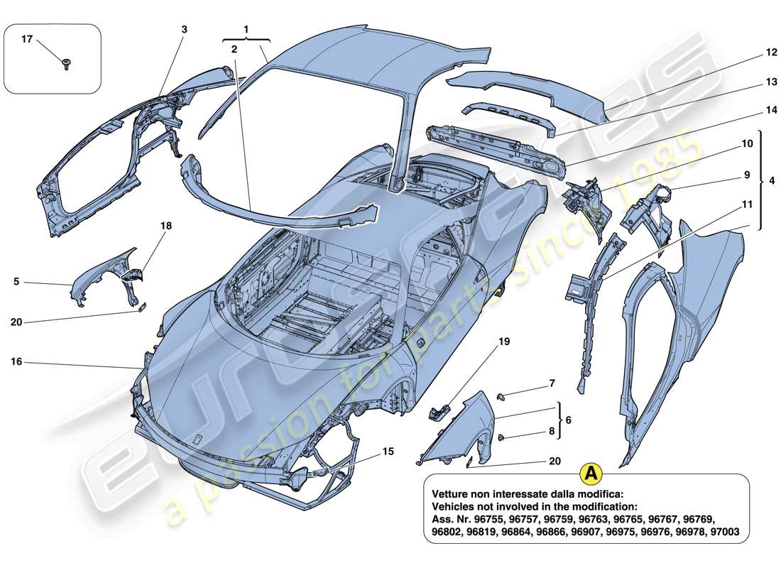 ferrari 458 italia (europe) bodyshell - external trim parts diagram