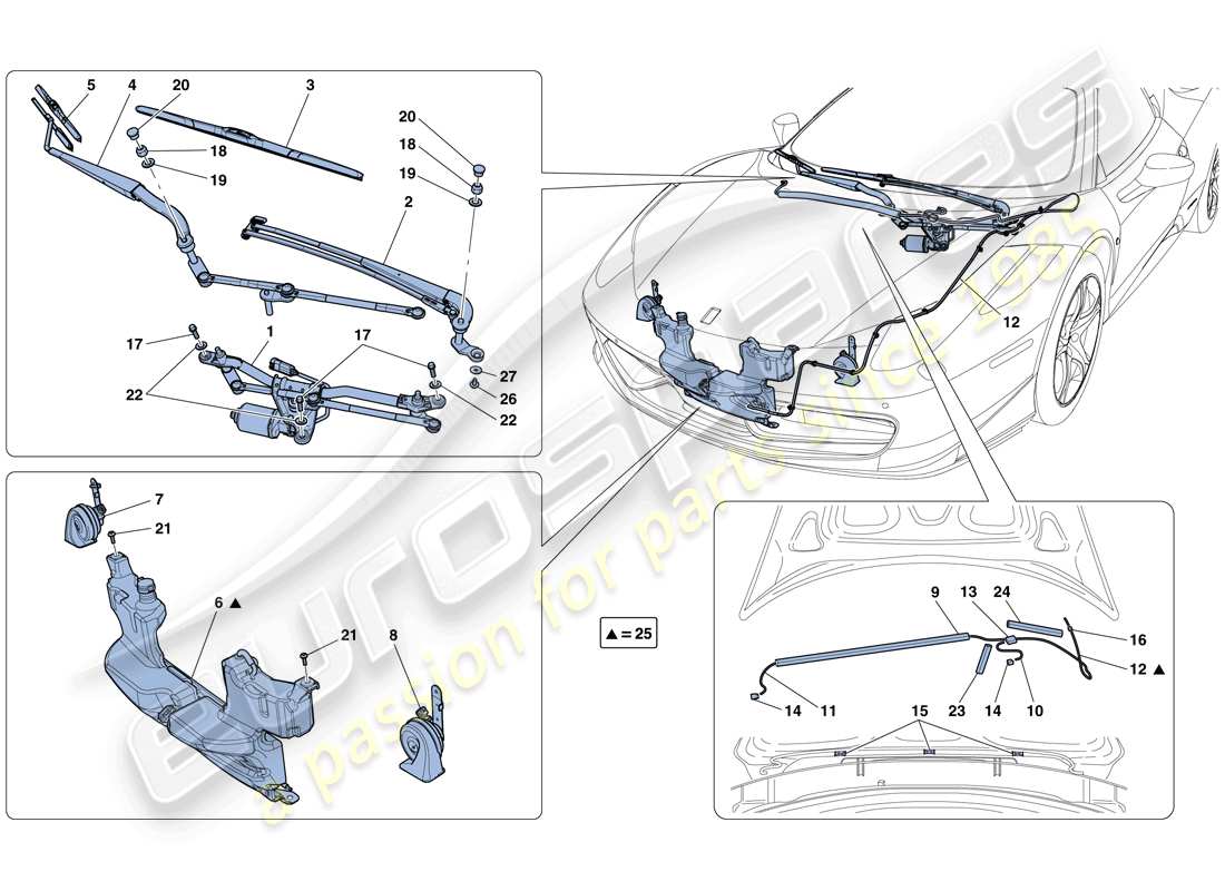 ferrari 458 italia (europe) windscreen wiper, windscreen washer and horns parts diagram
