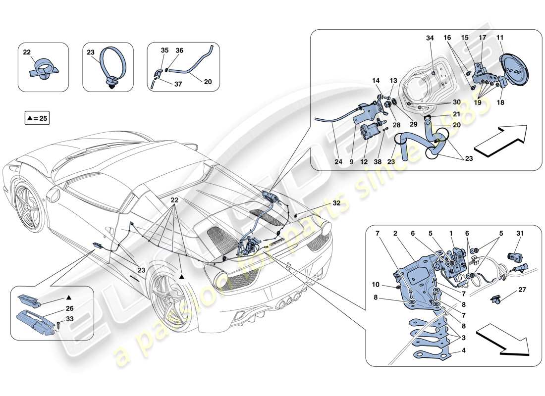 ferrari 458 spider (europe) engine compartment lid and fuel filler flap opening mechanisms part diagram