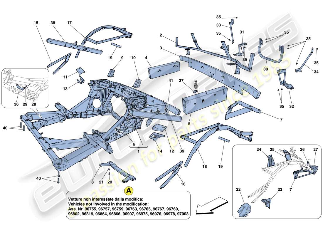 ferrari 458 italia (europe) chassis - structure, rear elements and panels parts diagram