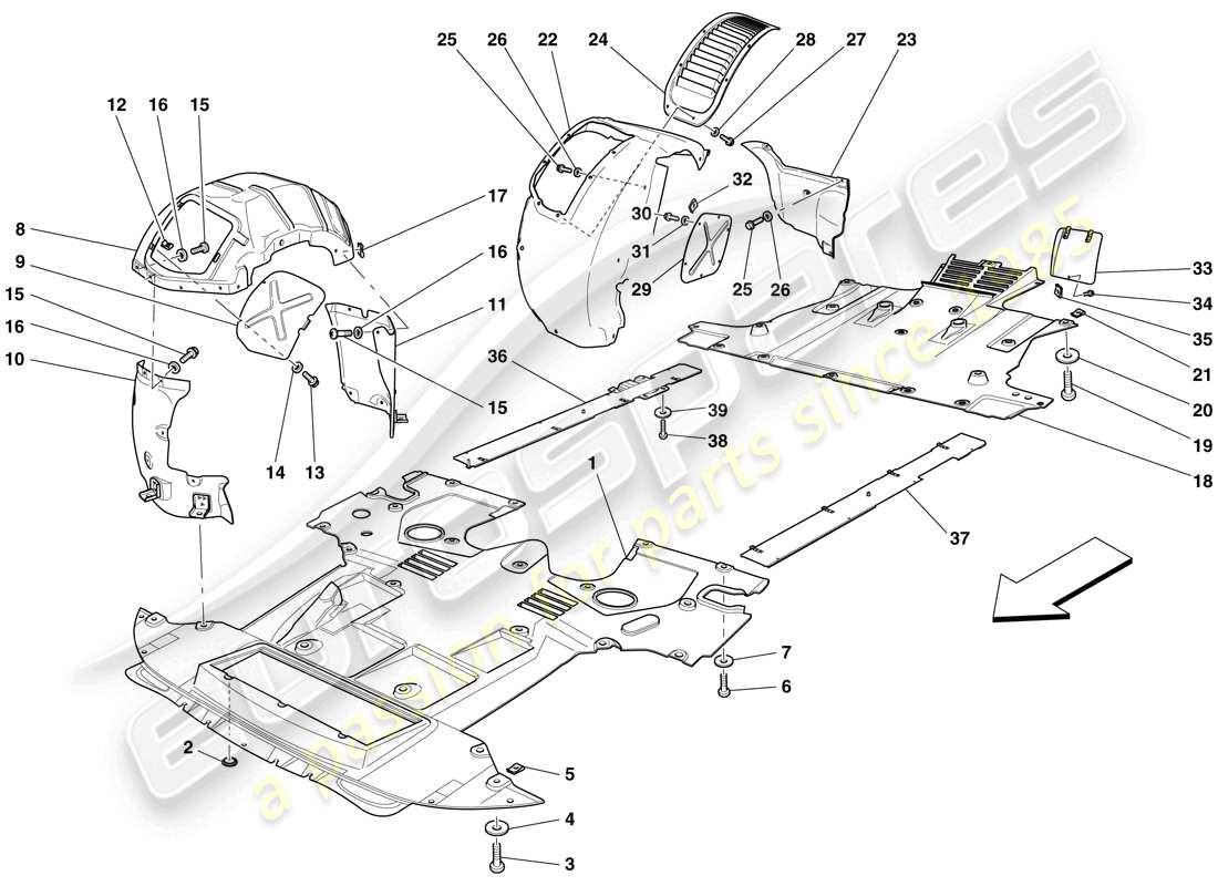 ferrari 599 gtb fiorano (europe) flat undertray and wheelhouses parts diagram