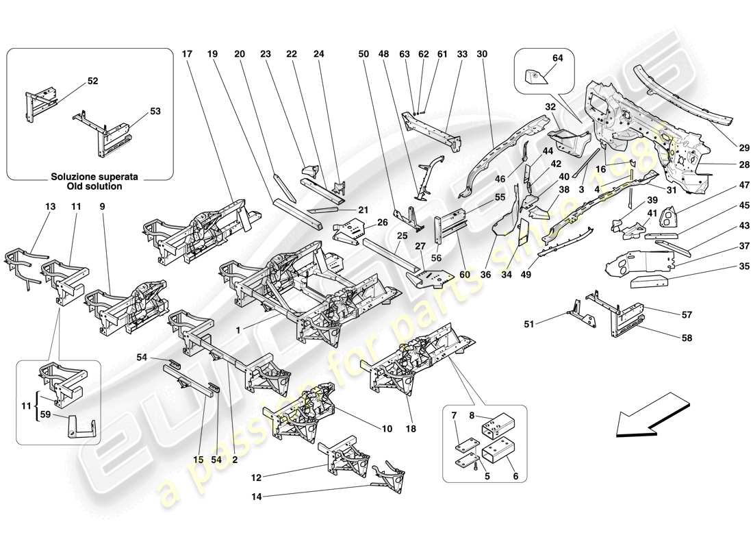 ferrari 599 gtb fiorano (europe) structures and elements, front of vehicle parts diagram