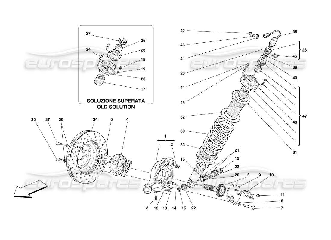 ferrari 550 maranello front suspension - shock absorber and brake disc parts diagram