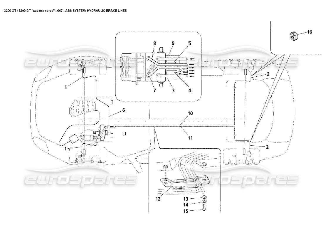 maserati 3200 gt/gta/assetto corsa abs: hydraulic lines parts diagram