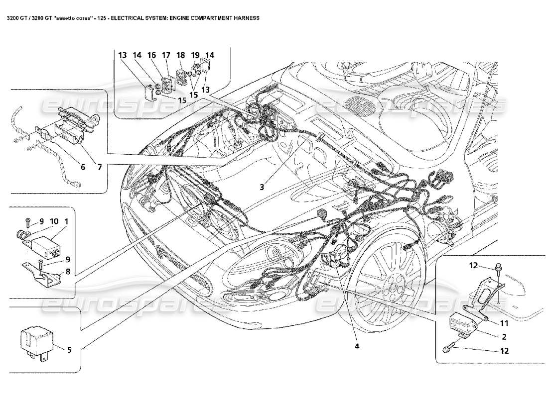 maserati 3200 gt/gta/assetto corsa electrical: engine compartment harness parts diagram