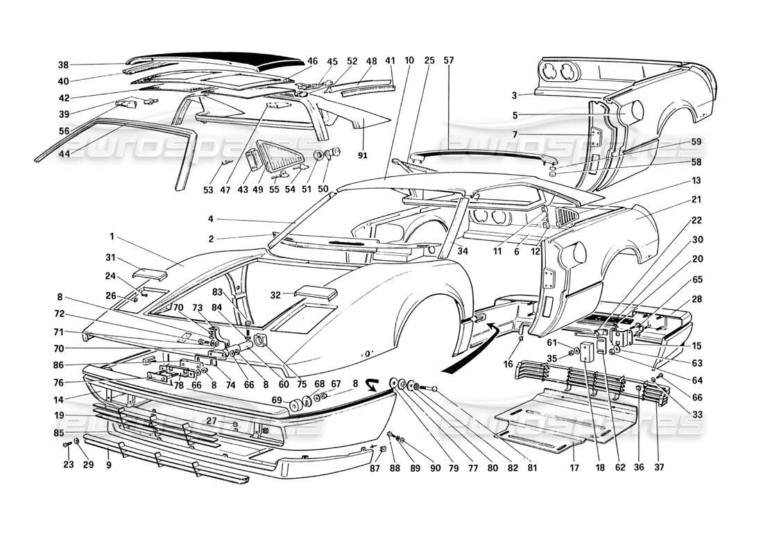 ferrari 328 (1985) body shell - outer elements (for u.s. and sa version) parts diagram