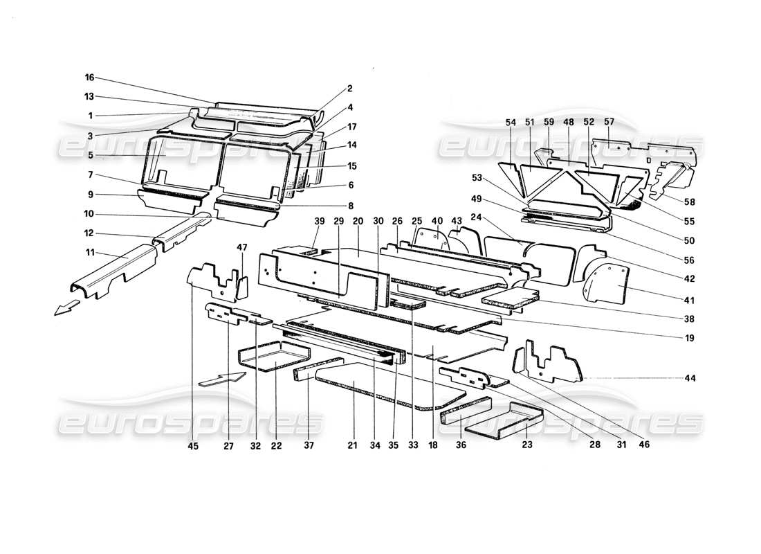 ferrari 328 (1985) passenger and luggage compartments insulation (for u.s. and sa version) parts diagram