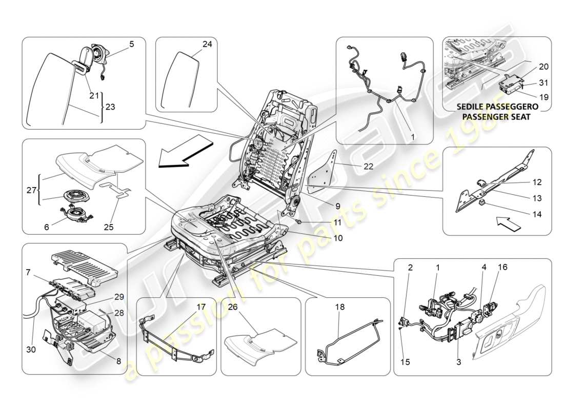 maserati qtp 3.0 bt v6 410hp (2014) front seats: mechanics and electronics parts diagram