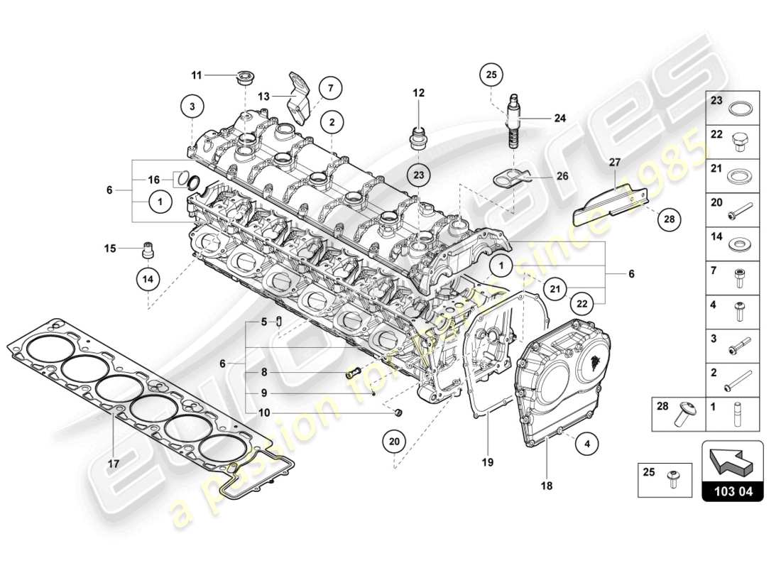 lamborghini lp700-4 roadster (2017) cylinder head with studs and centering sleeves part diagram