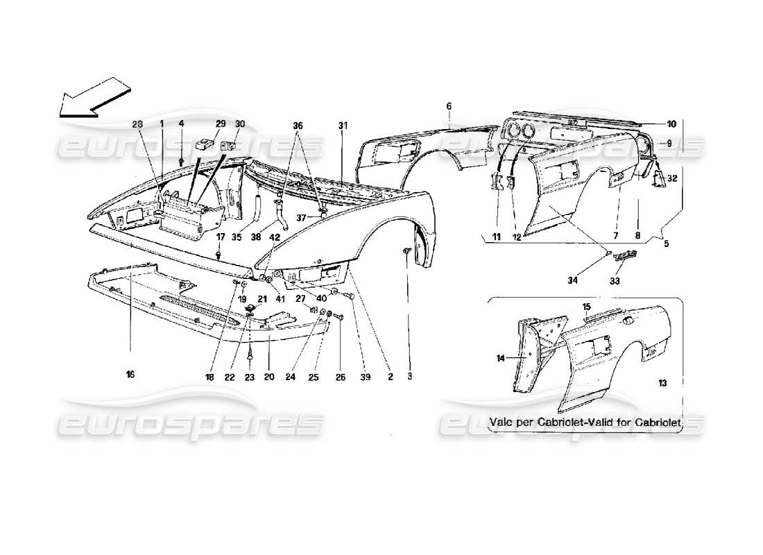 Ferrari Mondial 3.4 t Coupe/Cabrio Body Shell: Outer Elements - Front and Rear Part Part Diagram