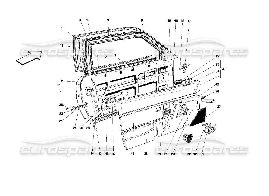 Ferrari Mondial 3.4 t Coupe/Cabrio Doors - Coupe - Framework and Linings Part Diagram