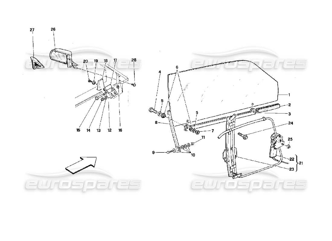 Ferrari Mondial 3.4 t Coupe/Cabrio Doors - Coupe - Glass Lifting Device and Rear Mirror Parts Diagram