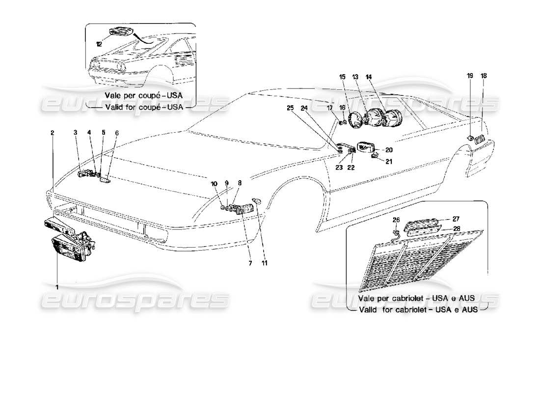 Ferrari Mondial 3.4 t Coupe/Cabrio Fixed Lighting Devices Parts Diagram