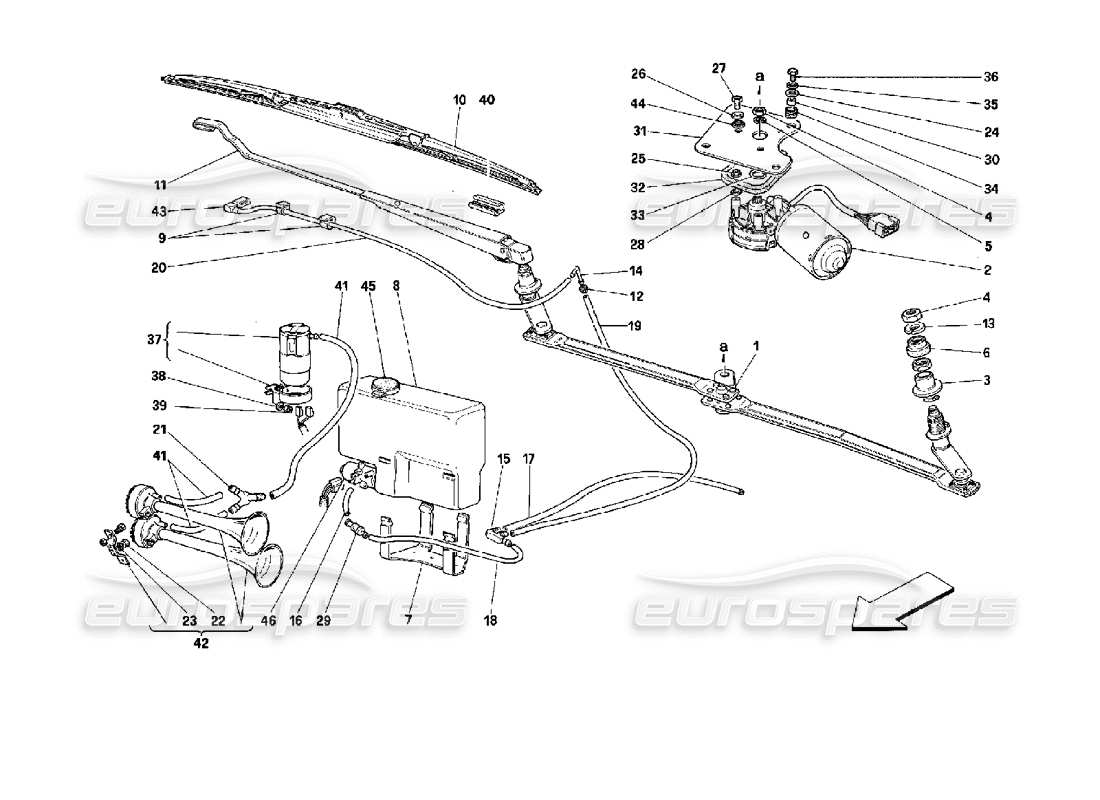 Ferrari Mondial 3.4 t Coupe/Cabrio Windshield Wiper and Horns Parts Diagram