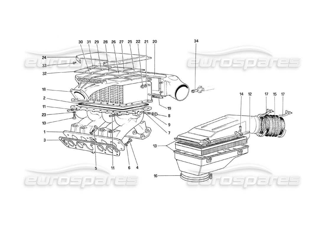 Ferrari 208 Turbo (1989) Air Intake, Manifolds and Heat Exchangers Part Diagram
