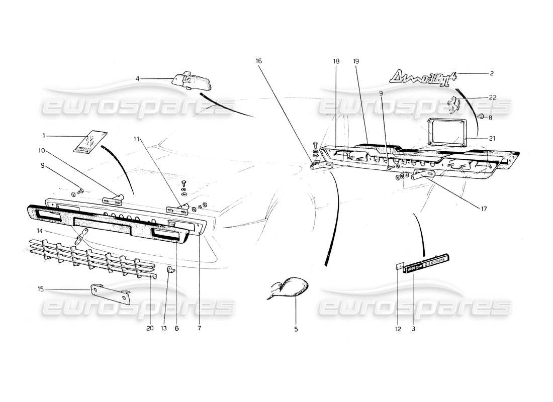 Ferrari 308 GT4 Dino (1979) Bumpers and Mouldings Parts Diagram