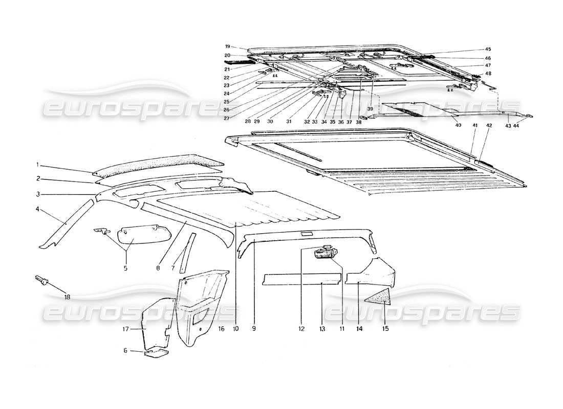 Ferrari 308 GT4 Dino (1979) Interior Trim, Accessories and Sliding Roof Parts Diagram