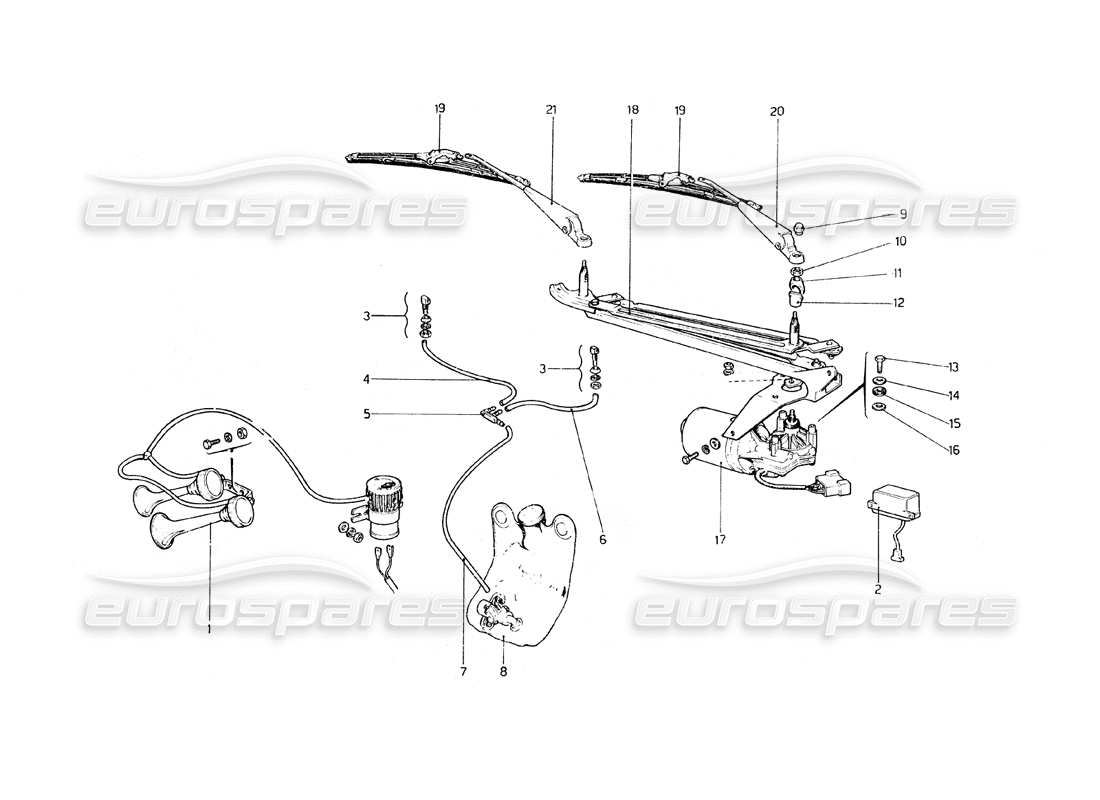 Ferrari 308 GT4 Dino (1979) Windshield Wiper, Washer and Horn Parts Diagram