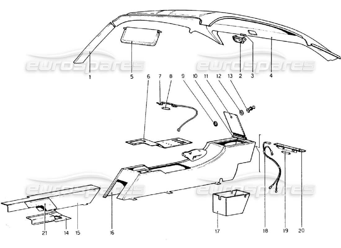 Ferrari 308 GTB (1976) Tunnel and Roof Parts Diagram