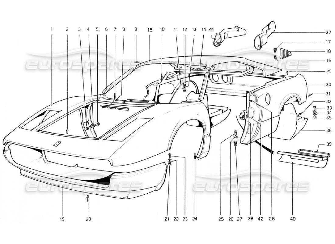 Ferrari 308 GTB (1976) Body Shell - Outer Elements (Valid for RHD - AUS Versions) Parts Diagram