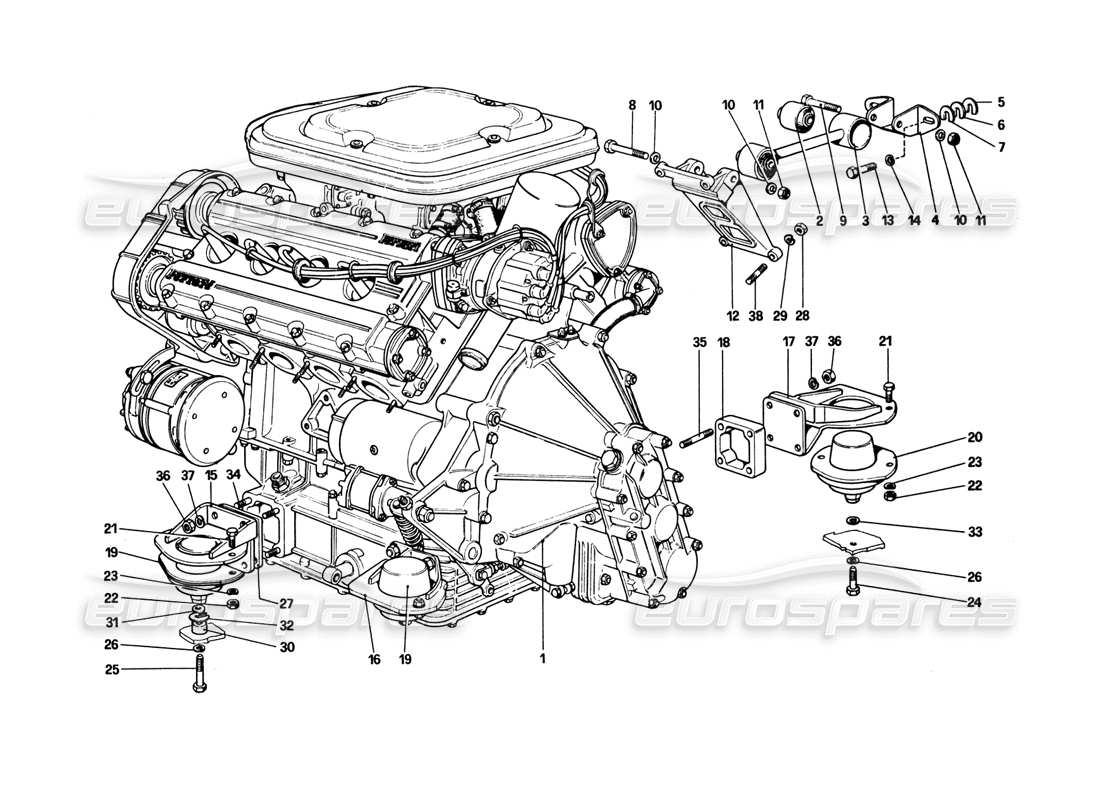 Ferrari 308 GTB (1980) engine - gearbox and supports Parts Diagram