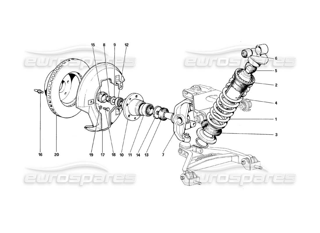 Ferrari 308 (1981) GTBi/GTSi Front Suspension - Shock Absorber and Brake Disc Parts Diagram