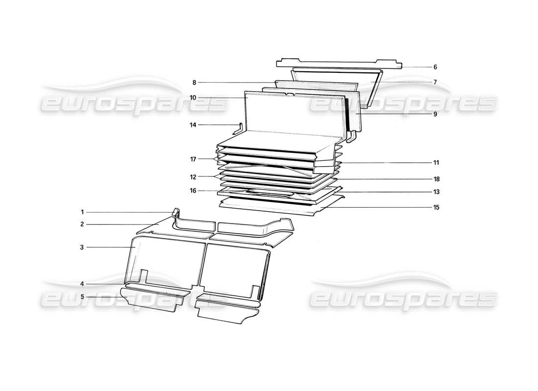 Ferrari 308 (1981) GTBi/GTSi Passenger and Luggage Compartments Insulation Parts Diagram