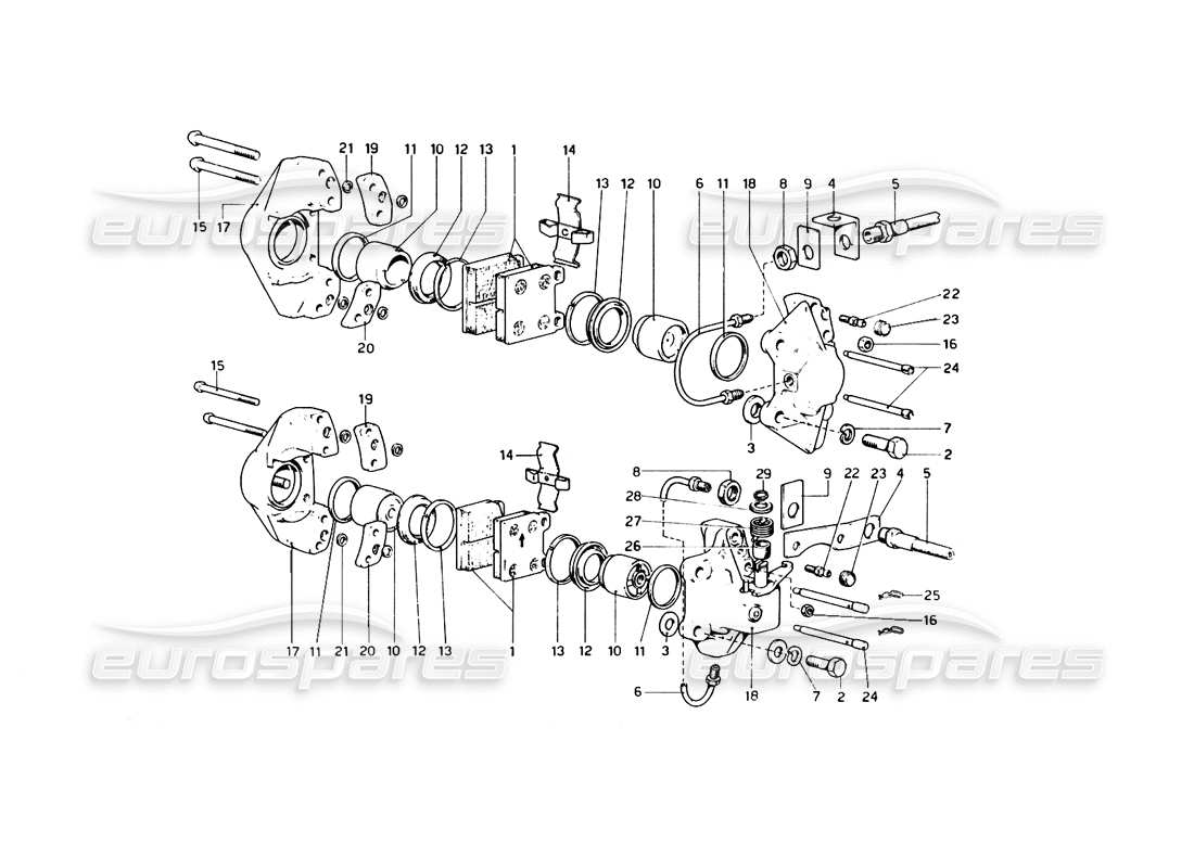 Ferrari 246 Dino (1975) Calipers for Front and Rear Brakes and Handbrake Part Diagram