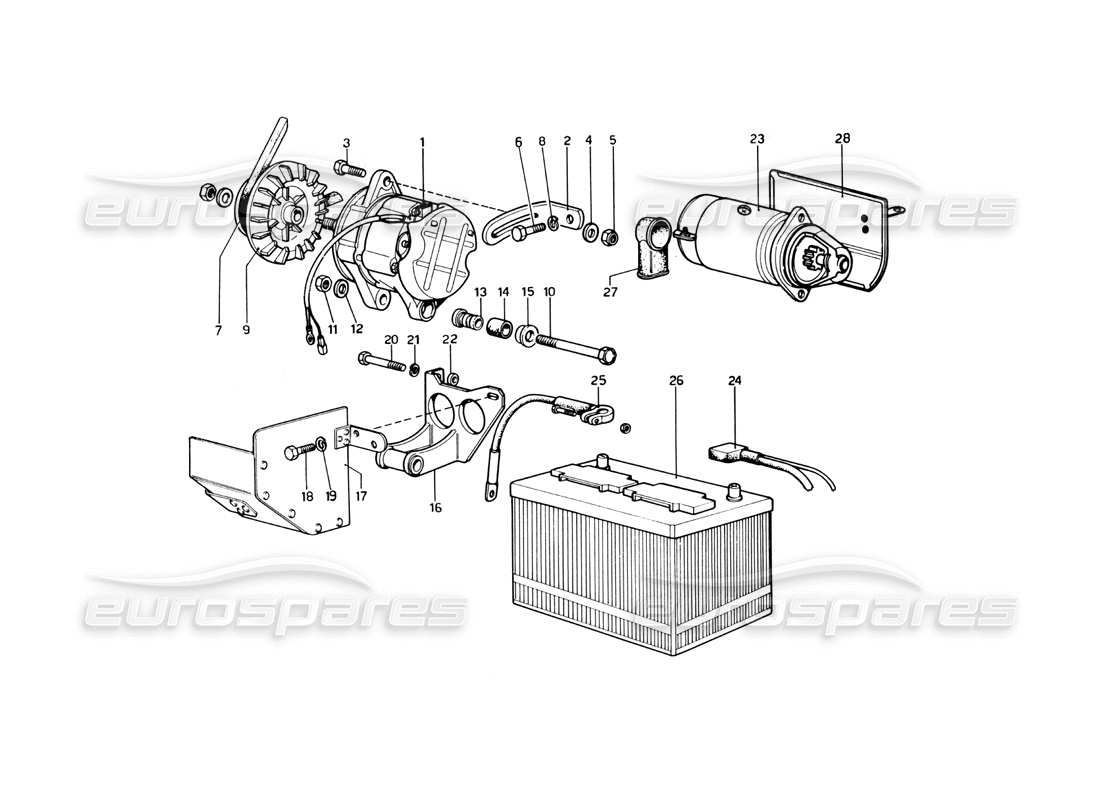 Ferrari 246 Dino (1975) Current Generating System - Starting Motor Parts Diagram