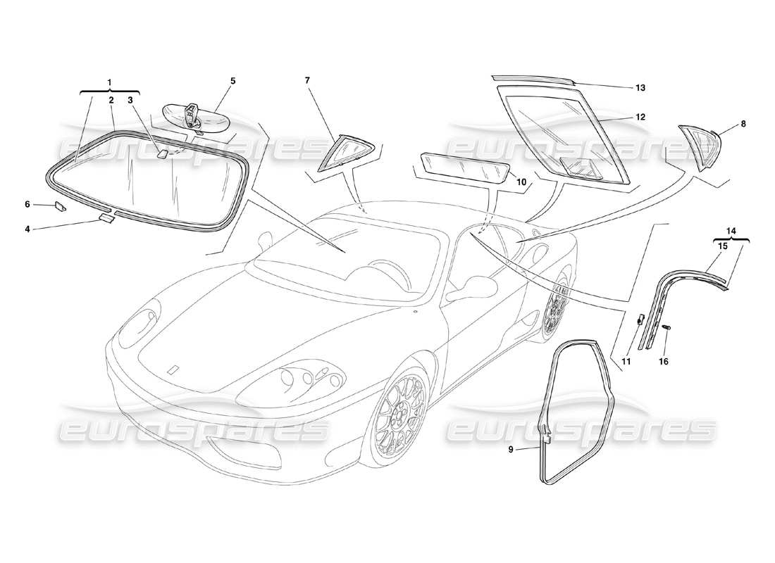 Ferrari 360 Challenge (2000) Glasses and Gaskets Parts Diagram