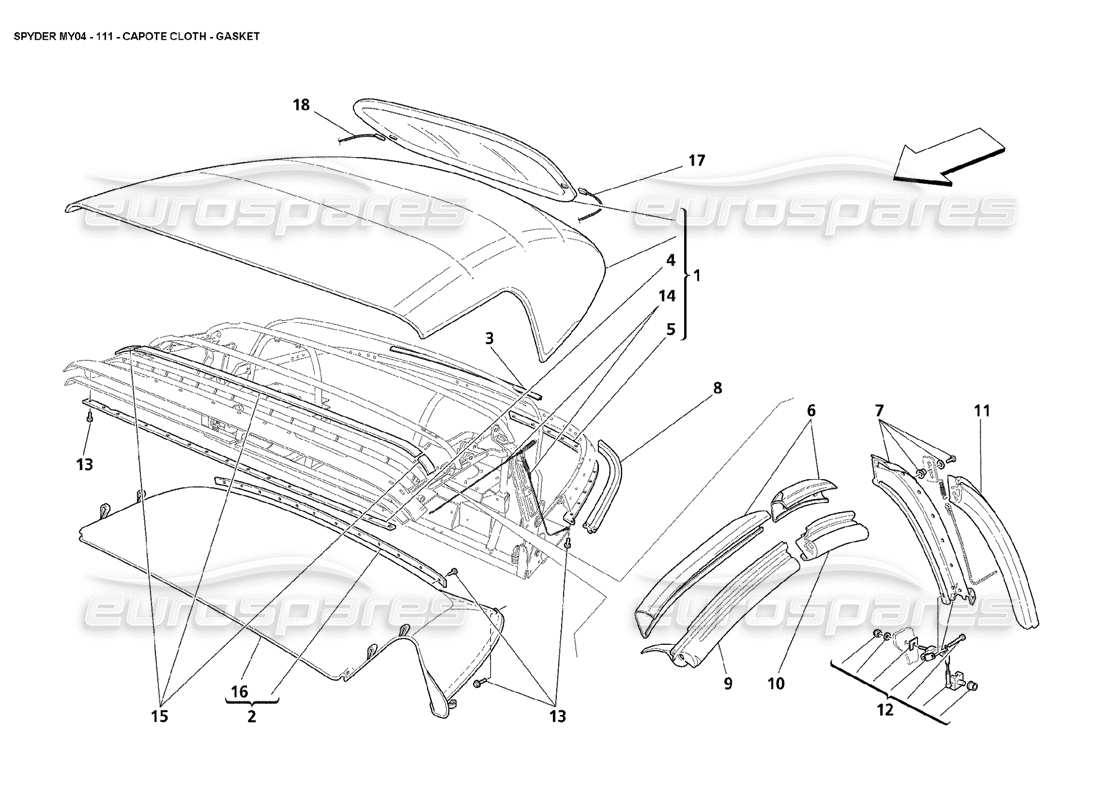 Maserati 4200 Spyder (2004) Capote Cloth Gasket Parts Diagram