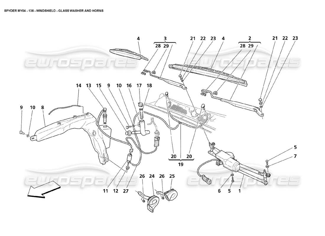 Maserati 4200 Spyder (2004) Windshield Glass Washer and Horns Parts Diagram